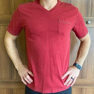 Red v-neck with gray stitching